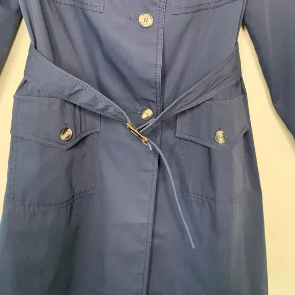 Navy Blue Vintage 70s 80s Trench Coat Horn Button Style Belted Classic Medium - Picture 9 of 15